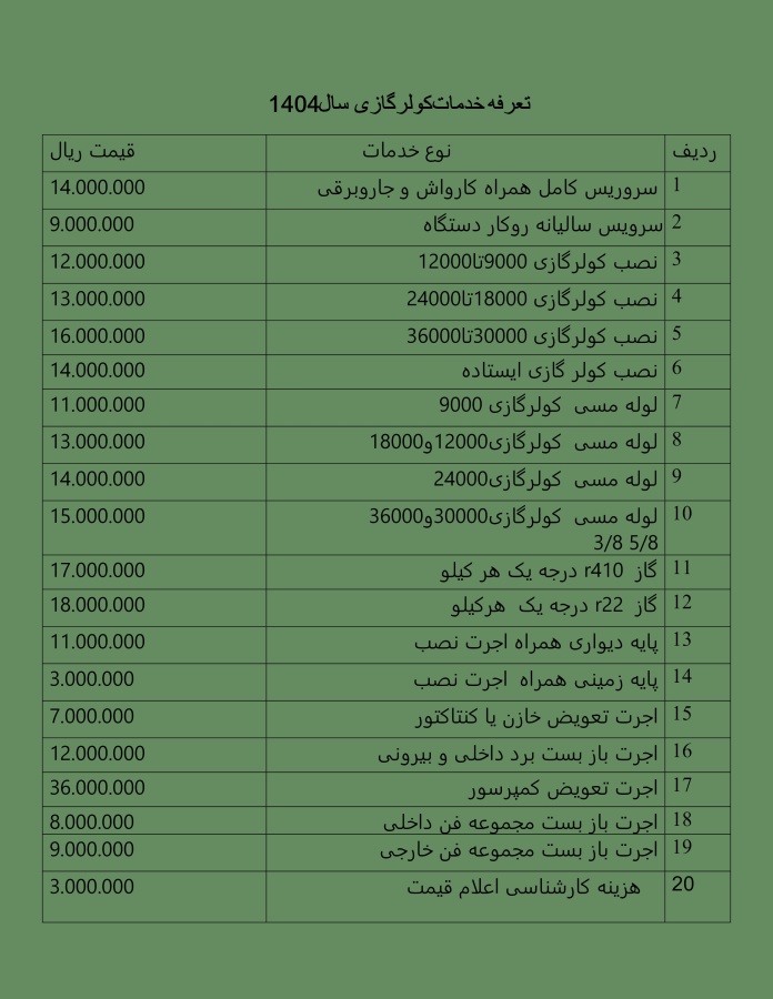 تعرفه خدمات 